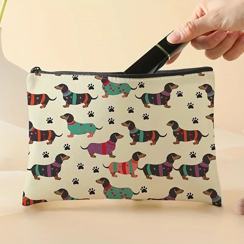Una borsa per il trucco con motivo a cagnolino stampato: una simpatica custodia multifunzionale con cerniera per donna, una borsa per riporre gioielli,
