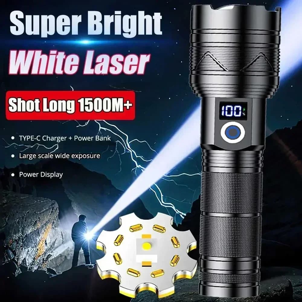 Potente torcia a LED da 60 W Torcia di emergenza zoomabile ricaricabile tramite USB Faretto super luminoso Lanterna da campeggio tattica a lungo raggio