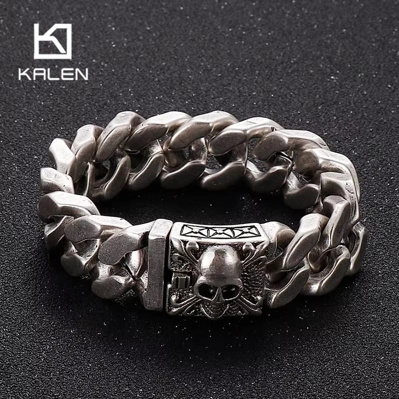 Bracciale a catena cubana gotica Kalen da uomo, in acciaio inossidabile punk con chiusura a teschio, bracciale pesante vintage, gioielli da biker per feste