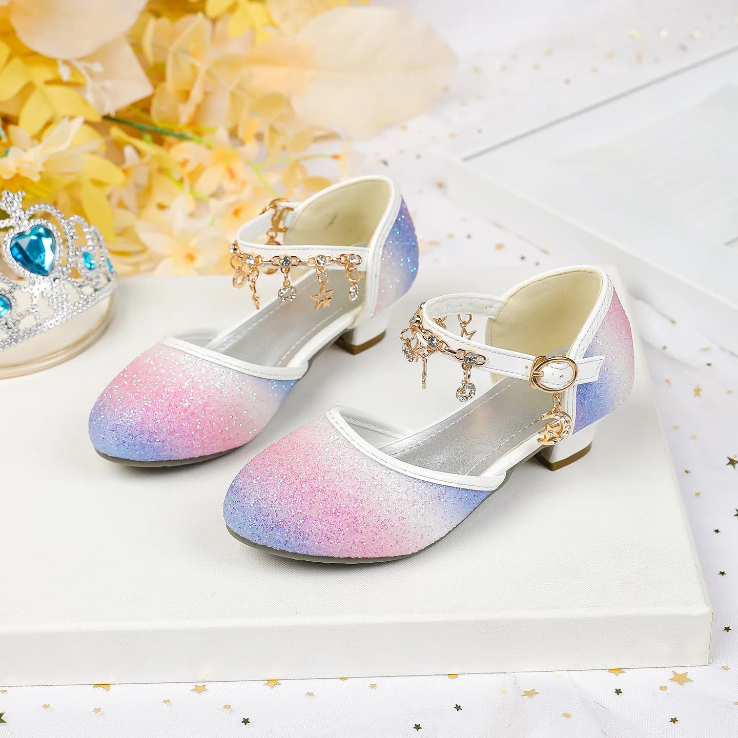 Girls Princess Heels Sparkly Glittering Star Pendant Sandals Wedding Party Birthday Gift Ankle Shoes
