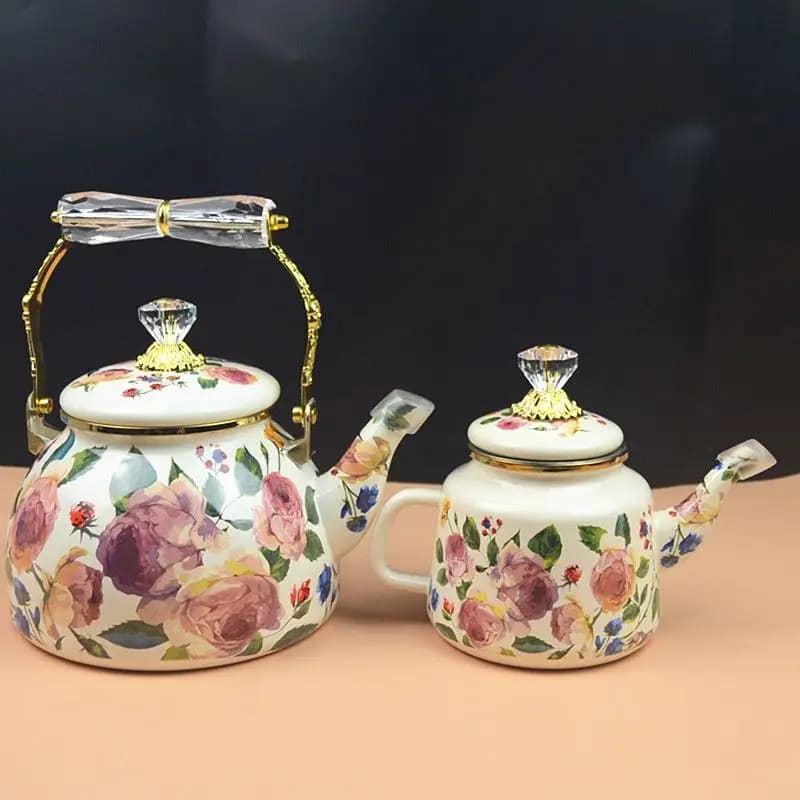 Vintage Oil Painting Rose Enamel Kettle Kitchen Household Teapot Coffee Milk Pot Induction Cooker Open Flame Universal Cooker