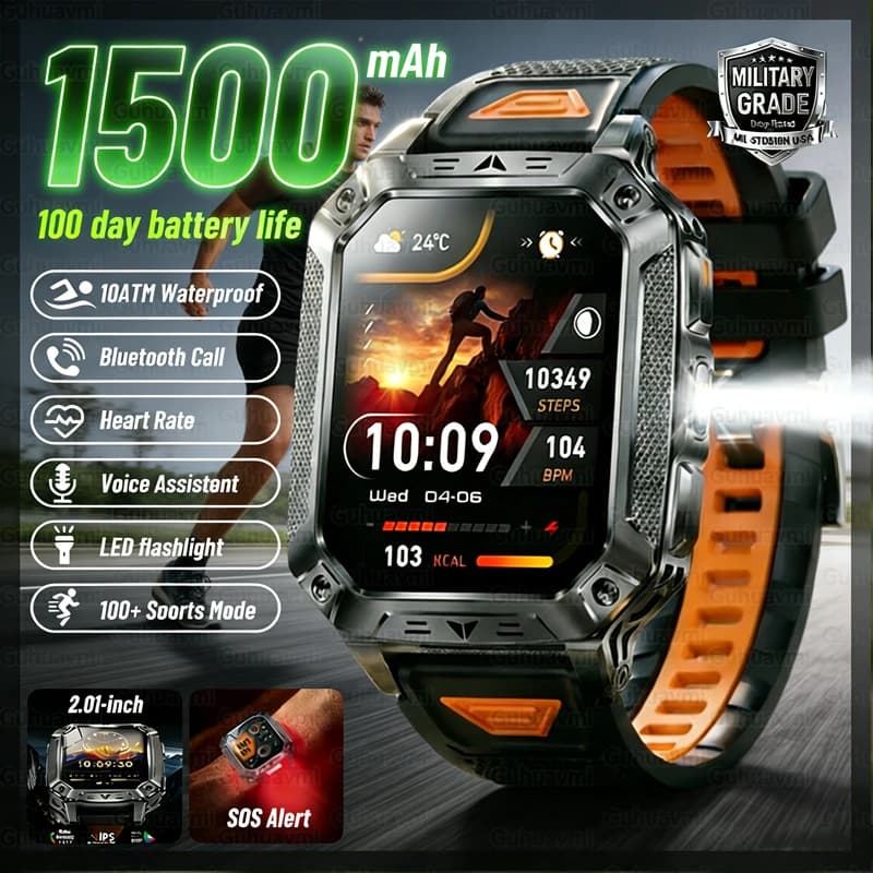 Smartwatch Sporty Military Anti Blow Up With Screen, 1500mAh Large Battery, 10ATM Waterproof, Cardiofrequencymeter, Bluetooth Calls, For Men