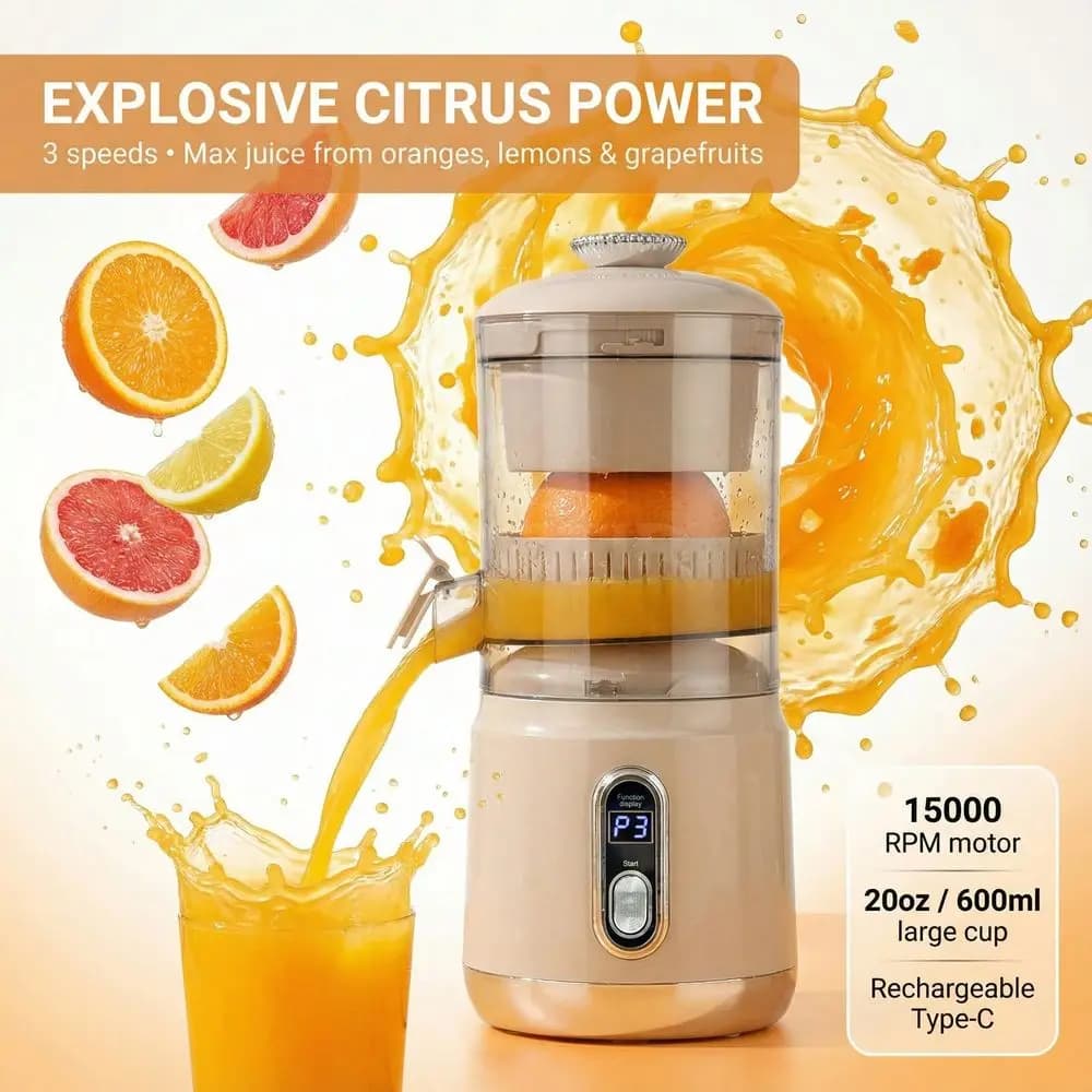 Spremiagrumi Portatile, Spremiagrumi Ricaricabile OneTouch per Arance e Limoni, Frullatore Compatto per Succhi Freschi e Smoothie di Frutta e Verdura