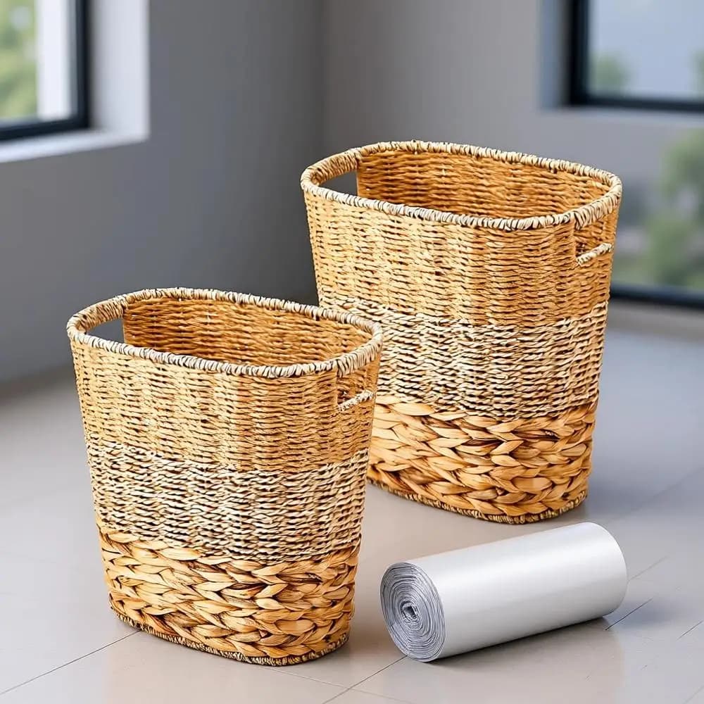 Cestini per Rifiuti Doppi in Vimini con 50 Mini Sacchetti, Contenitori Multiuso per Cucina, Bagno e Camera da Letto in Stile Classico