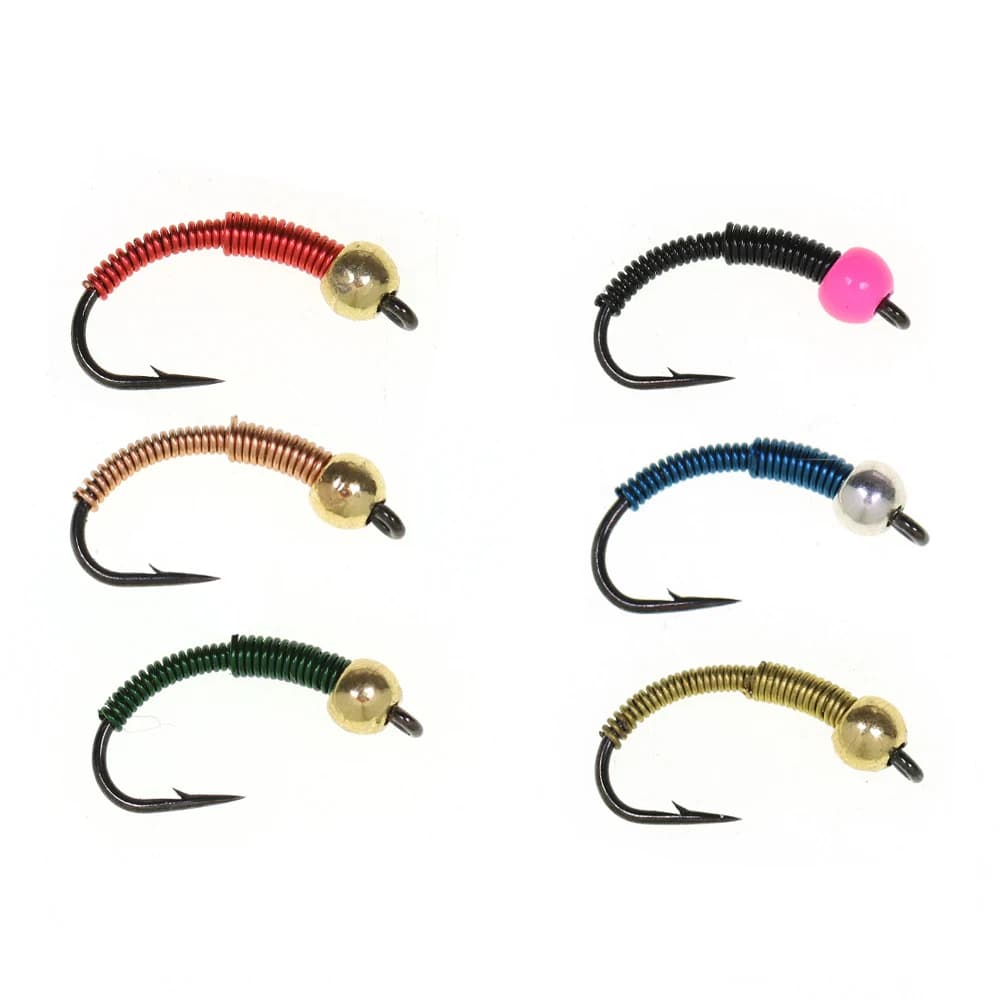 6 pezzi # 10 Mosche Artificiali da Pesca a Mosca per Trota, Nymph a Immersione Rapida, con Testa in Ottone e Filo di Rame Barbed, con Suono Acustico