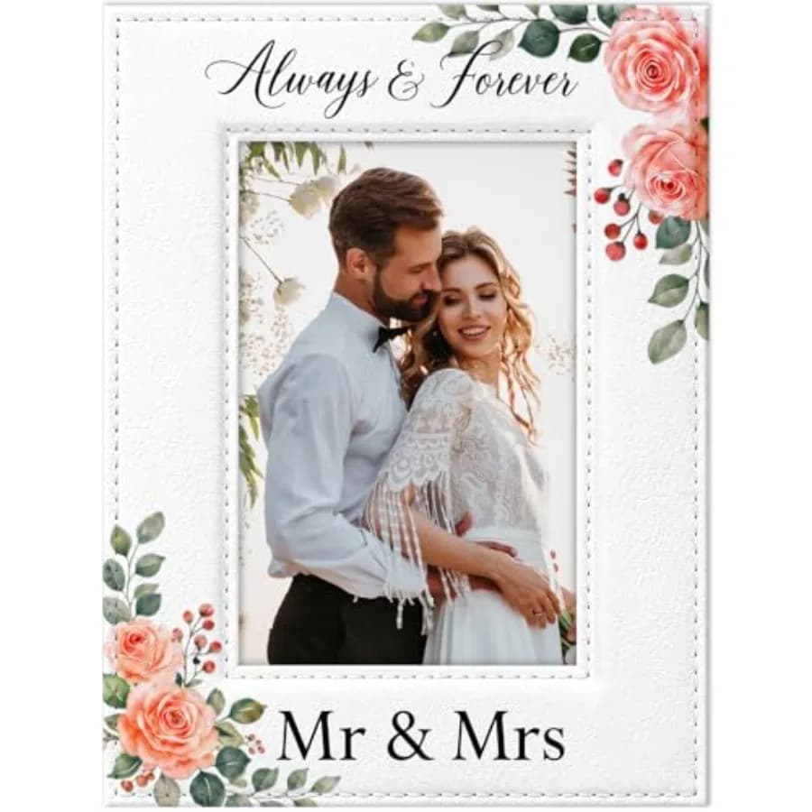 Cornice Portafoto per Matrimonio - Regalo Personalizzato per Coppie e Sposi Novelli, Cornice in Pelle con Motivi Floreali Mr e Mrs, Regalo per Fidanzamento