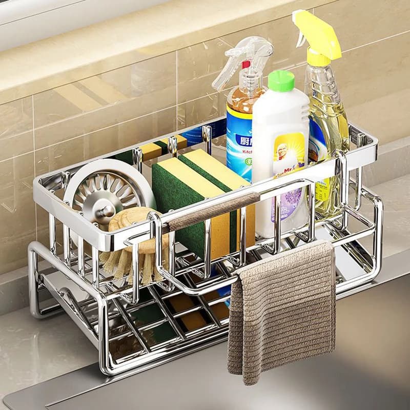 Mensola da cucina in acciaio inossidabile, scolapiatti in spugna, scolapiatti per lavello, forniture per lavare i piatti, stoccaggio dei strofinacci, scolapiatti