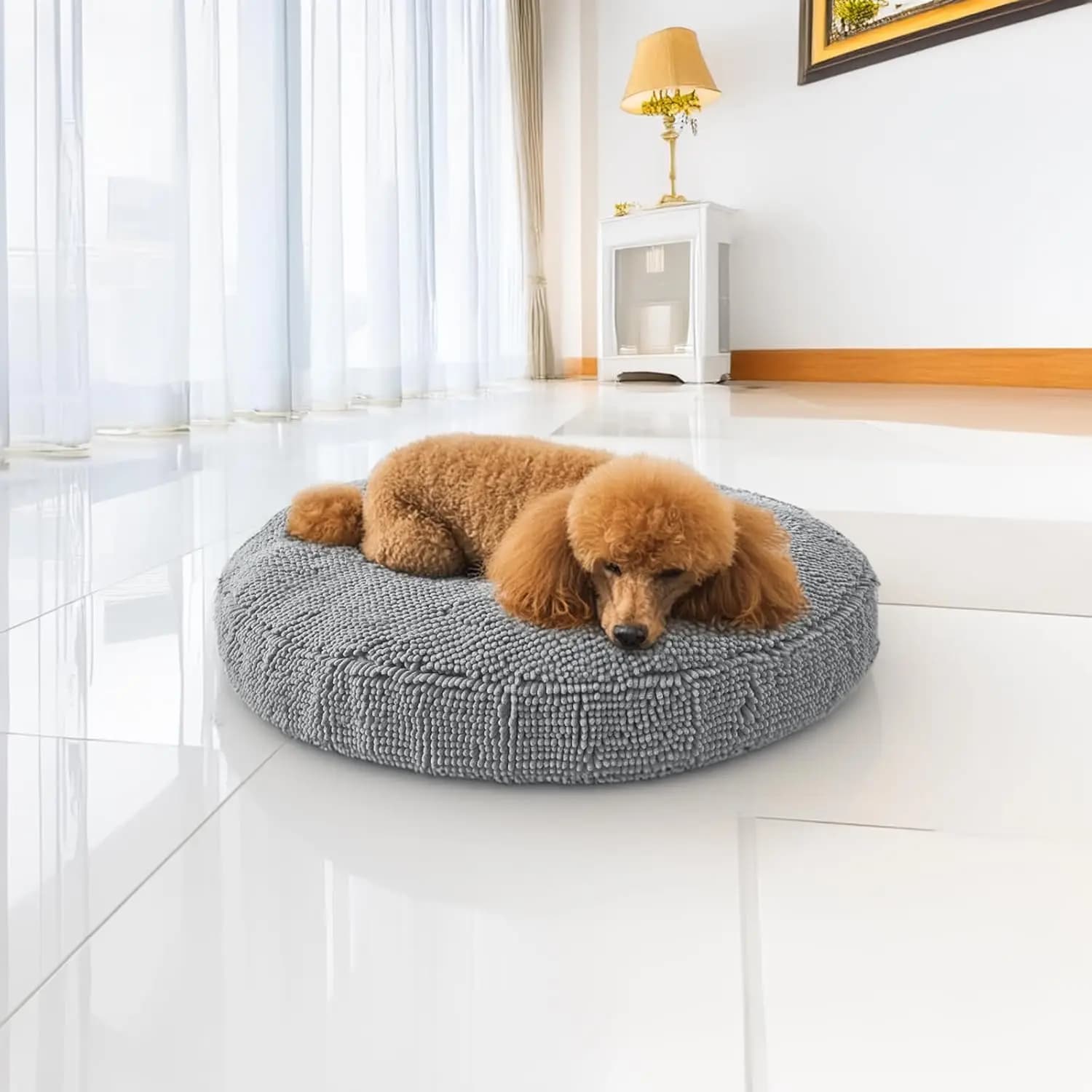 Cuccia Morbida Rotonda per Cani e Gatti, Materiale in Ciniglia, Copertura Rimovibile e Lavabile, Fondo Antiscivolo - Grigio Medio (35'x35')