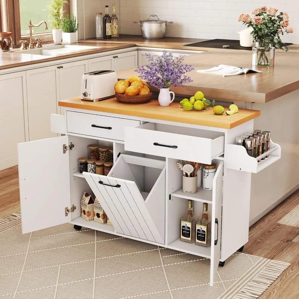 Isola da cucina con armadietto della spazzatura inclinabile, carrello da cucina con portaspezie, portasciugamani, tavolo ad isola su ruote