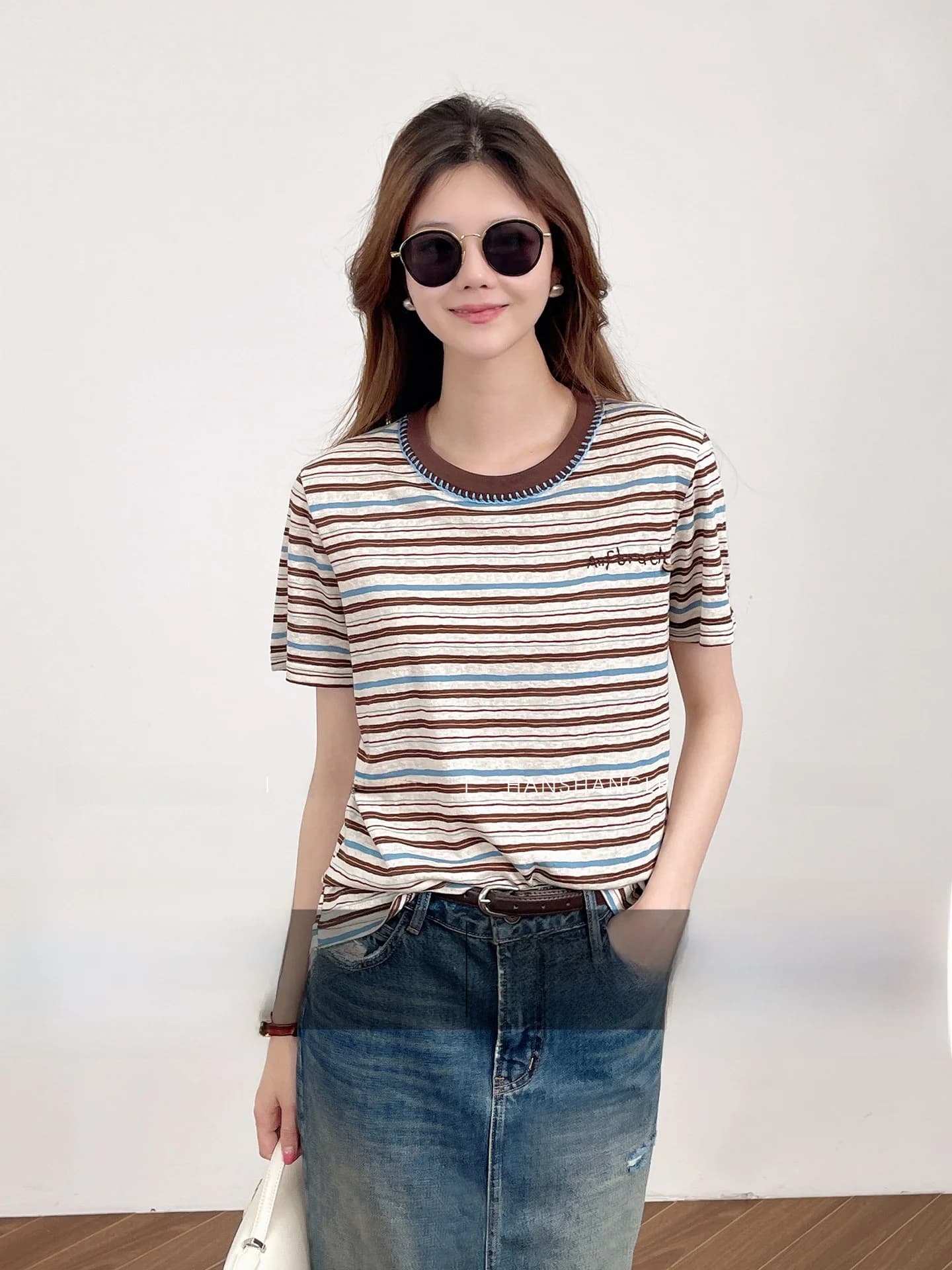 T-shirt da donna a maniche corte con ricamo a mano, girocollo, a righe, nuovo stile estivo, casual, in misto cotone, con scritta a punto ad arco