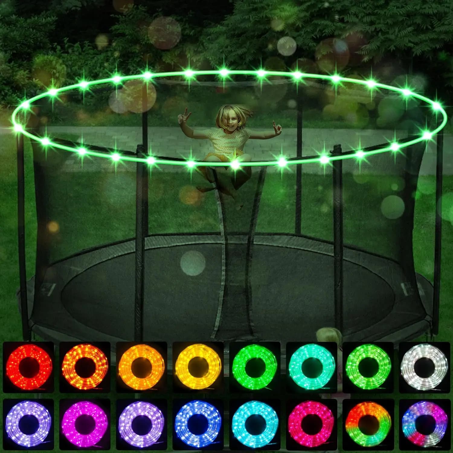 Luci per Trampolino, Luci LED per Trampolino da 16Ft 14Ft 12Ft 10Ft, Controllo Salto con 16 Colori Cangianti, Batteria Impermeabile