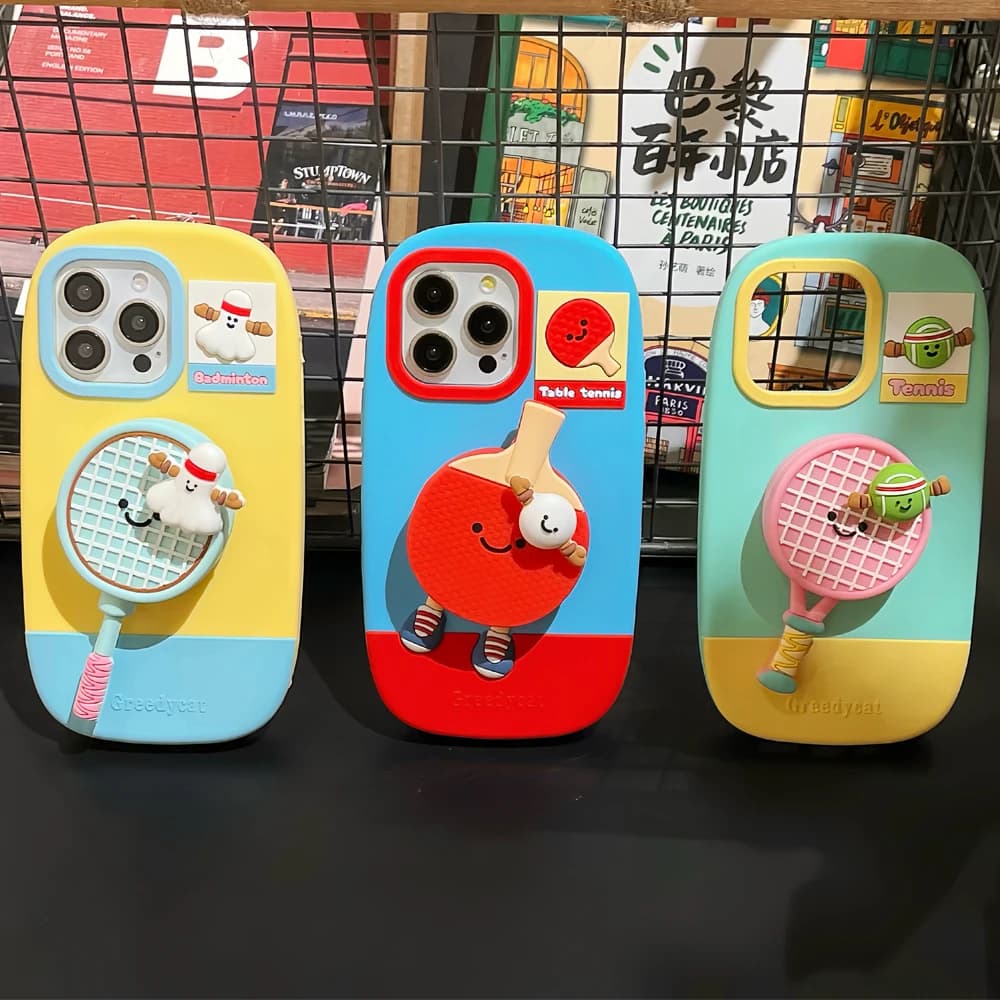 Folding Bracket Kickstand Pingpong Bat Phone Case for iPhone 13 14 15 16 Pro Max 3D Cute Table Tennis Badminton Racket Cover
