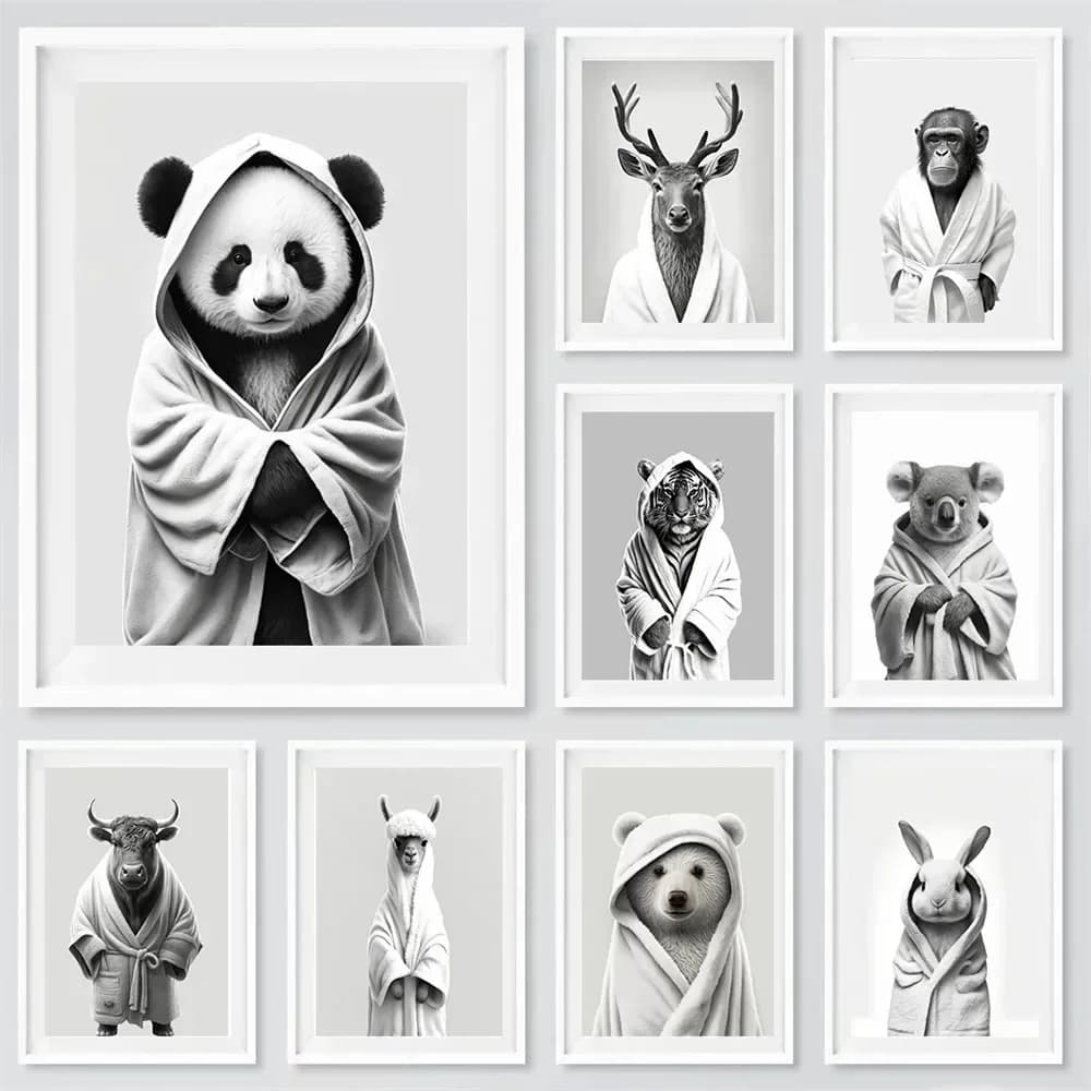 Panda Monkey Tiger Wearing Bathrobe Cold Winter Animal Canvas Printing Fun Art Mural Bathroom Toilet Home Decoration Picture