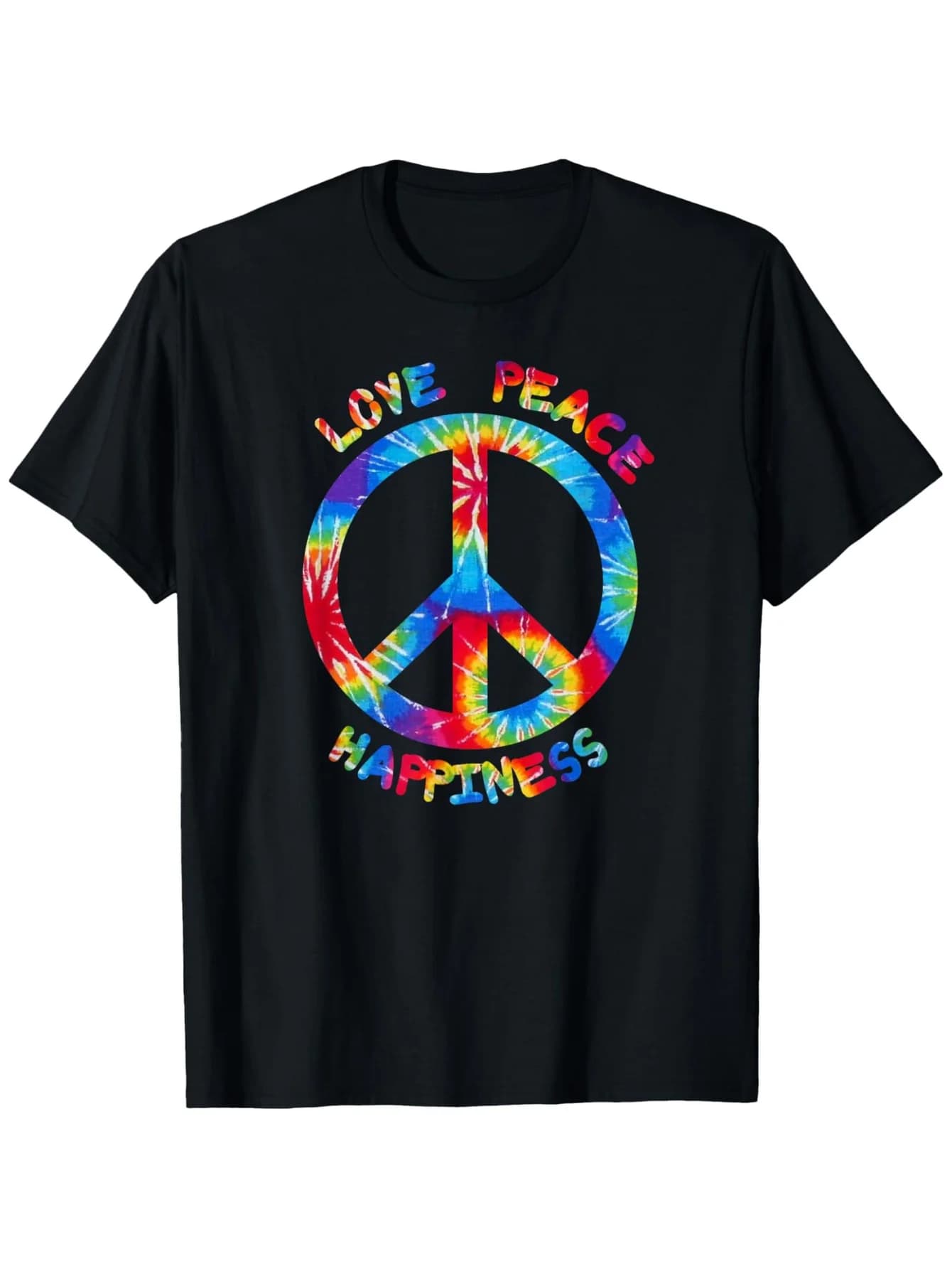T-shirt Hippie Peace Love Happiness - Segno di pace colorato, 100% cotone S-3XL