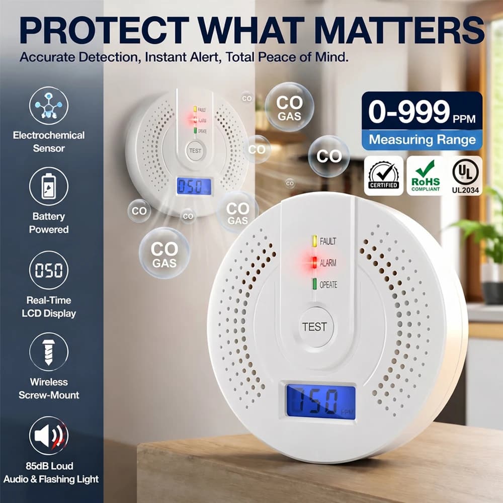 Carbon Monoxide Detector High Sensitivity CO Alarm with LCD Display Battery Powered Wireless Safety Sensor for Home Garage RV