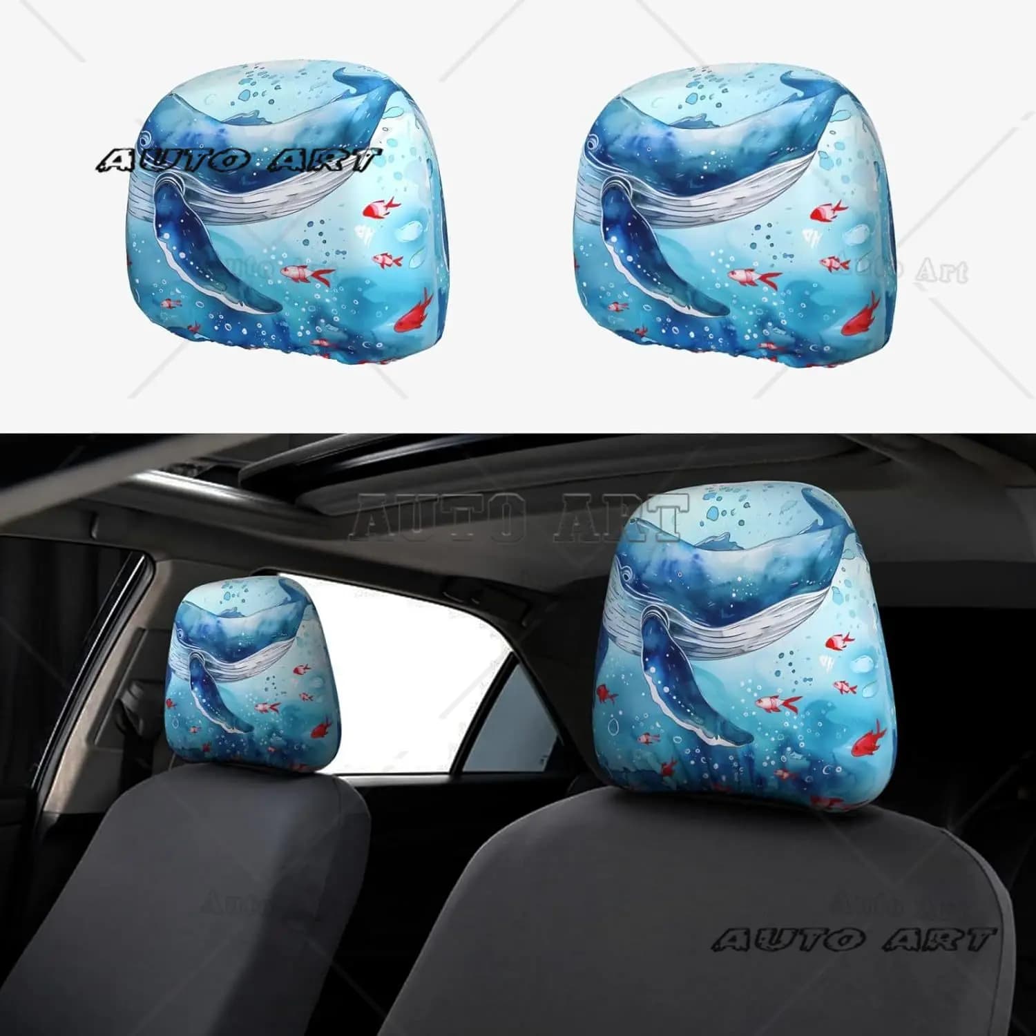 Set of 2 car headrest covers, watercolor, ocean whale, tropical fish, set of 2 universal accessories for automotive seat headrest