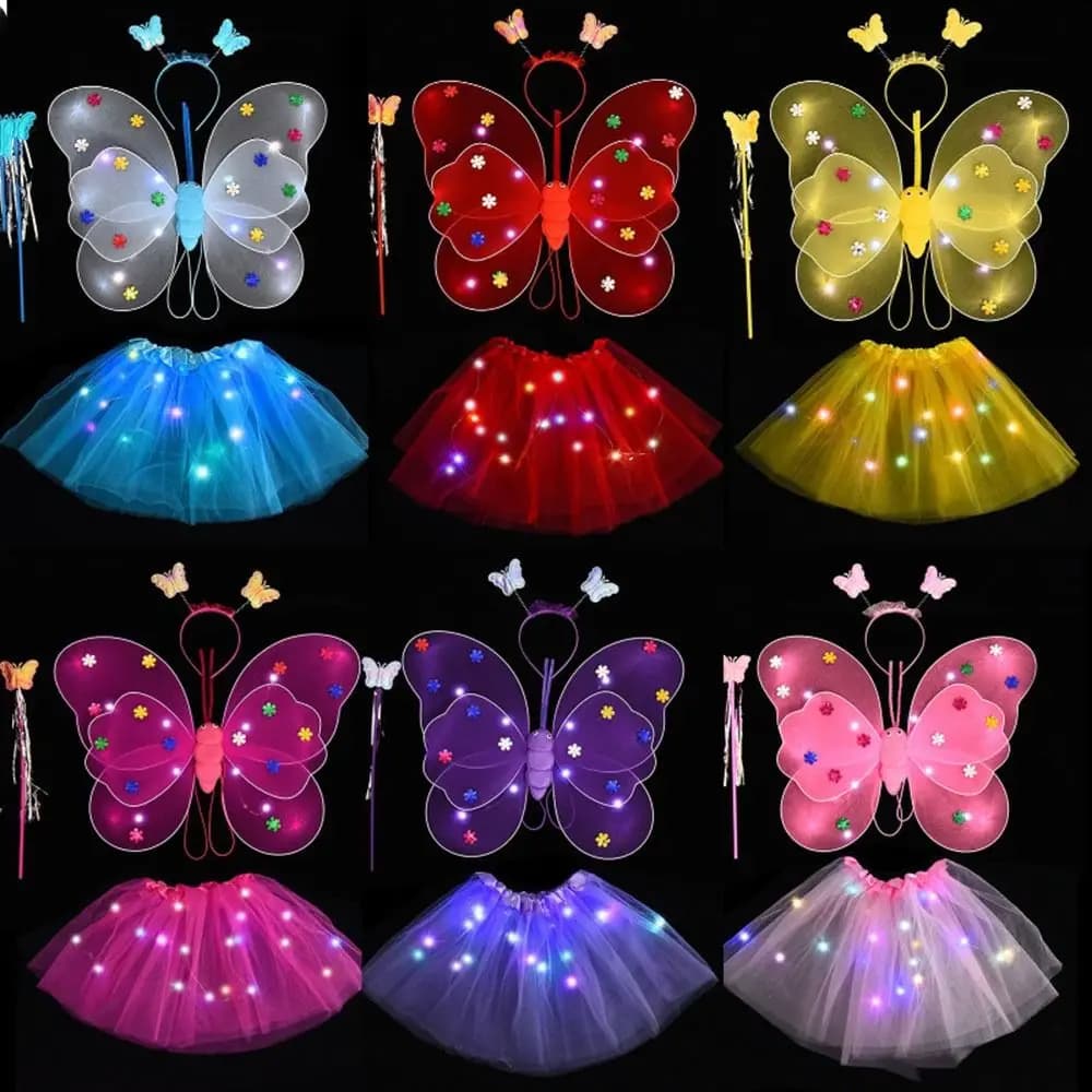 Cerchio 2-8 anni Luci Vestito Ali di Farfalla LED Costume Per Bambini Puntelli Ragazze Gonne Angelo Ali Luminose Lampeggiante Farfalla Gonna