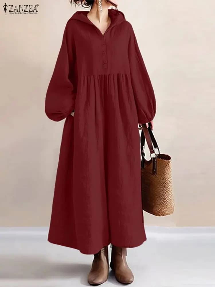 2025 Autumn Hooded Dress ZANZEA Winter Dresses Stylish Women Long Sleeve Pleated Sundress Robe Femme Elegant Solid Work Vestidos