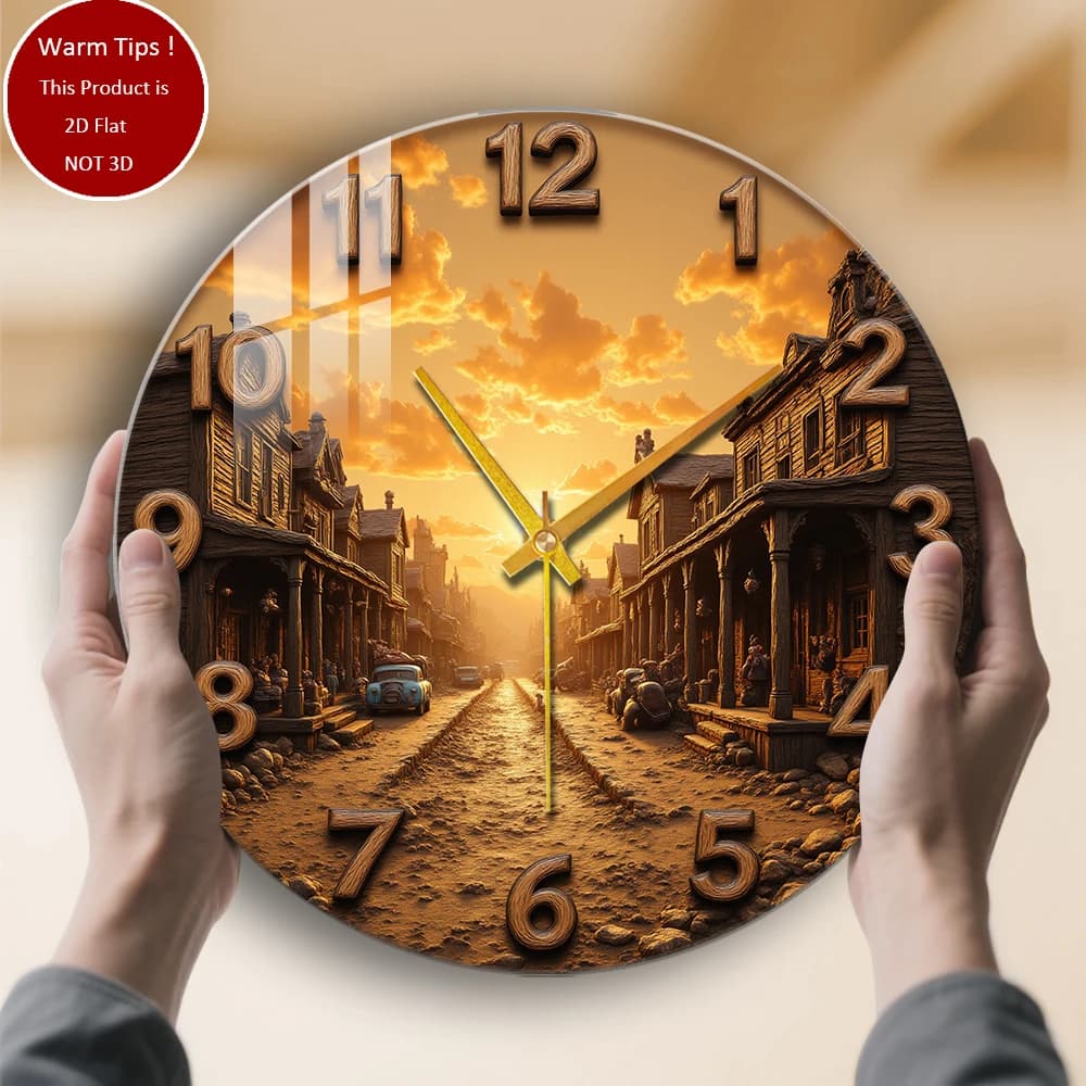 Tempered Glass Wall Clock Old West Town Sunset suitable for wall decorations or table display anywhere