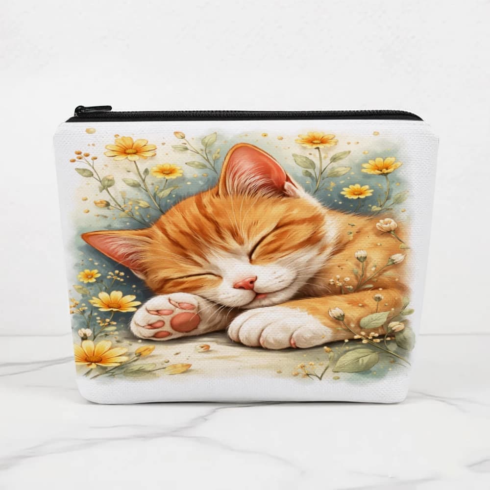 Borse per il trucco con gatto addormentato e fiori per ragazze, pochette per cosmetici, borsa da toilette, astuccio per matite, custodia da viaggio