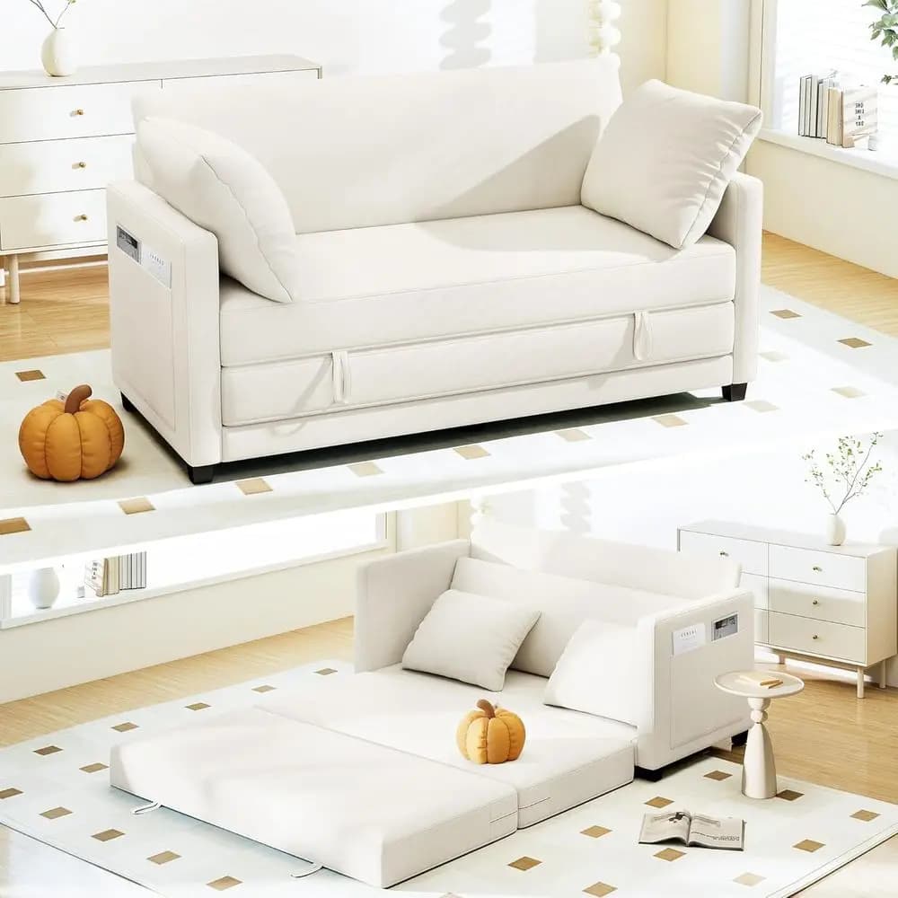 Divano Letto Convertibile 65 per Spazi Piccoli, 2 Cuscini Inclusi, Ciniglia Beige, per Soggiorno e Camera degli Ospiti