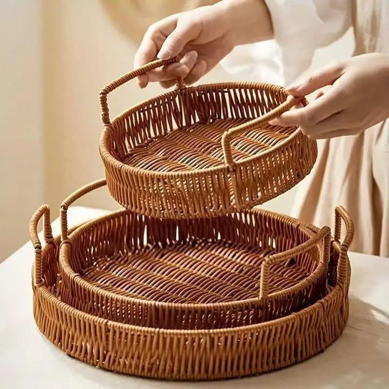 Vassoio Rotondo Intrecciato con Manici, Piatto Decorativo per Tavolino, Cucina, Bagno, Organizzatore, Arredamento Casa, Picnic