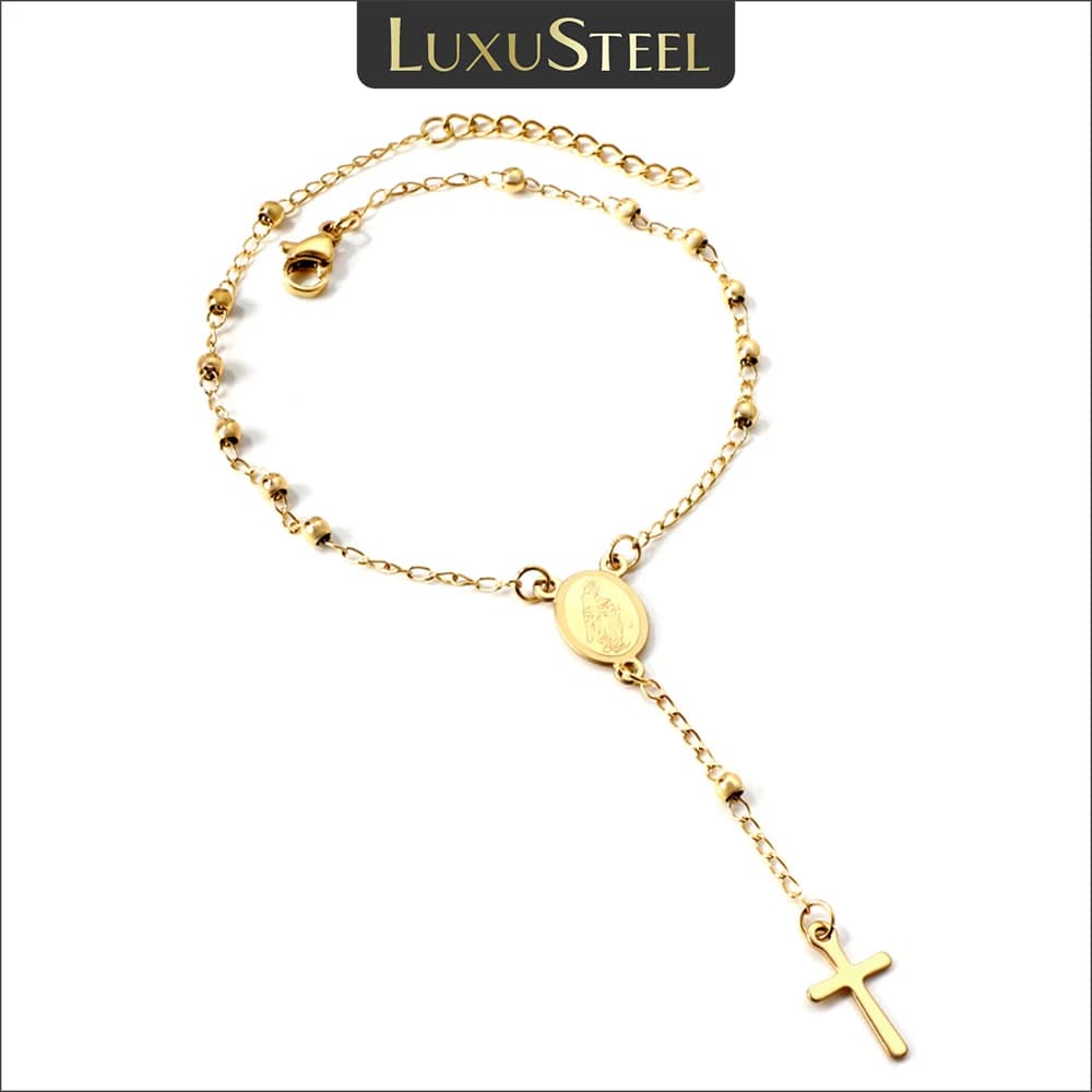 LUXUSTEEL bracciale rosario croce per donna uomo vergine maria preghiera religiosa catena a maglie con perline a mano gioielli cristiani regolabili