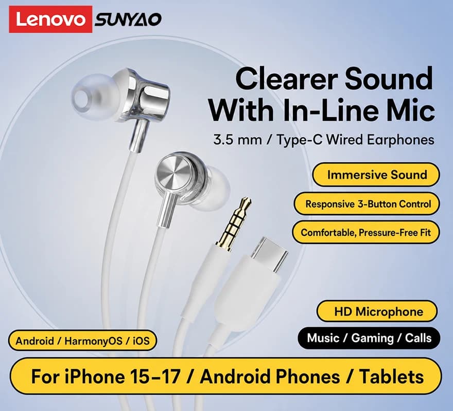 Original Lenovo Y130 3.5mm/Type-C In-Ear Wired Headphones HiFi Sound IPX4 Waterprof Wired Sport Earbuds 0 Latency Gaming Headset
