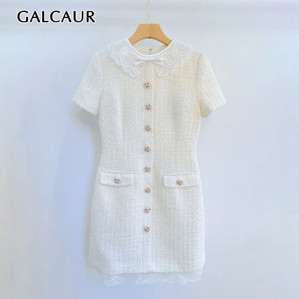 GALCAUR Patchwork Button Lace Dresses for Women O Neck Short Sleeve High Waist Solid Elegant Mini Dress Female Fashion Clothing