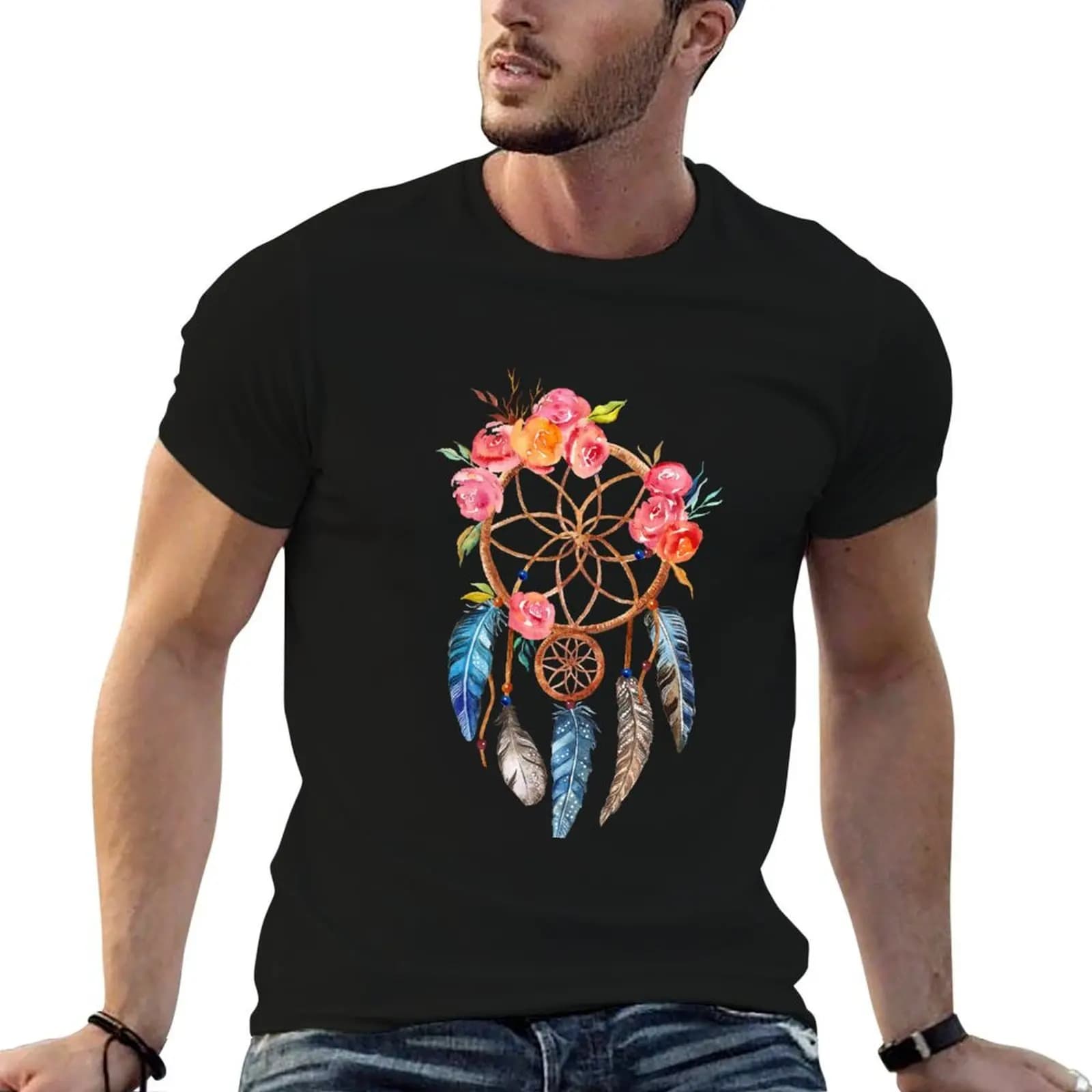 Image: Watercolor, flowers and feathers dreamcatcher T-Shirt t shirts for man pack white g man t shirts for men T-Shirt
