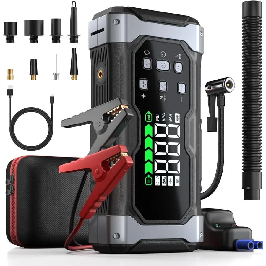 Avviatore di Emergenza 9000A con Compressore d'Aria/Deflator 150PSI, Booster Auto Portatile 12V per Tutti i Motori a Benzina/Diesel 14L, Power Pack 9-in-1 con R