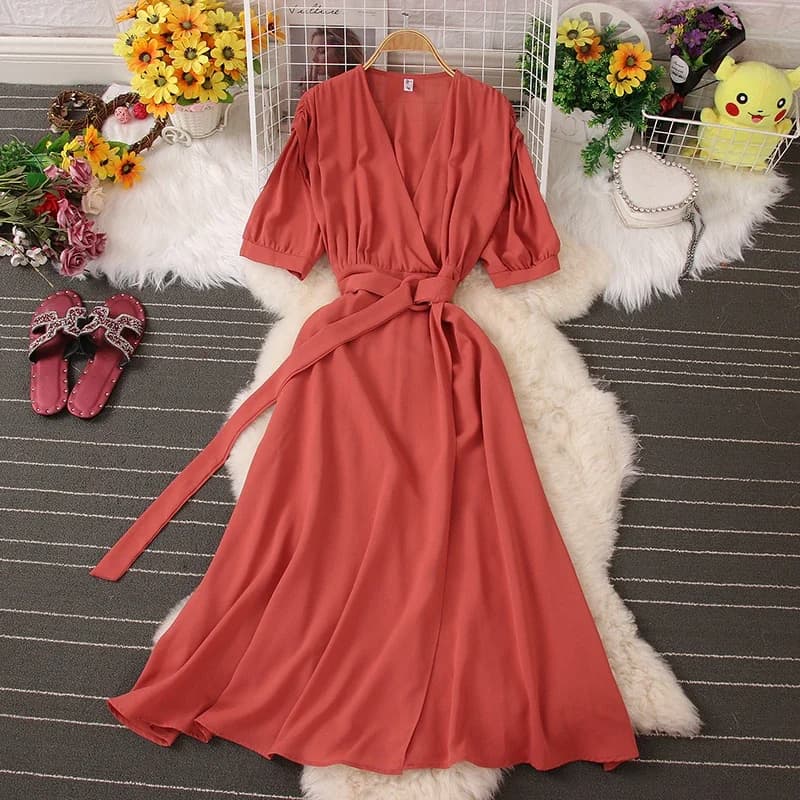 Slashs Stylish Solid V-neck Short Sleeves Pleated women casual lace dress in chiffon pleated new tide summer
