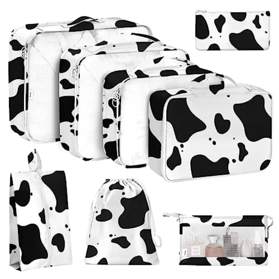 Set di 8 Cubi Organizzatori per Valigie da Viaggio, Accessori per l'Organizzazione dei Bagagli, Grande Borsa per Articoli da Toeletta, Vestiti, Scarpe e Cosmetici in Stile Cow C