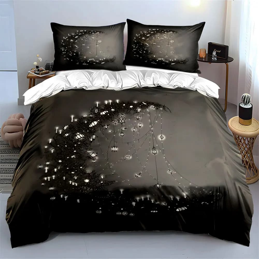 Set di Biancheria da Letto con Copripiumino Morbido e Confortevole, Decorazioni Luminose a Tema Lunare, Include 1 Copripiumino e 2 Federe, Regalo