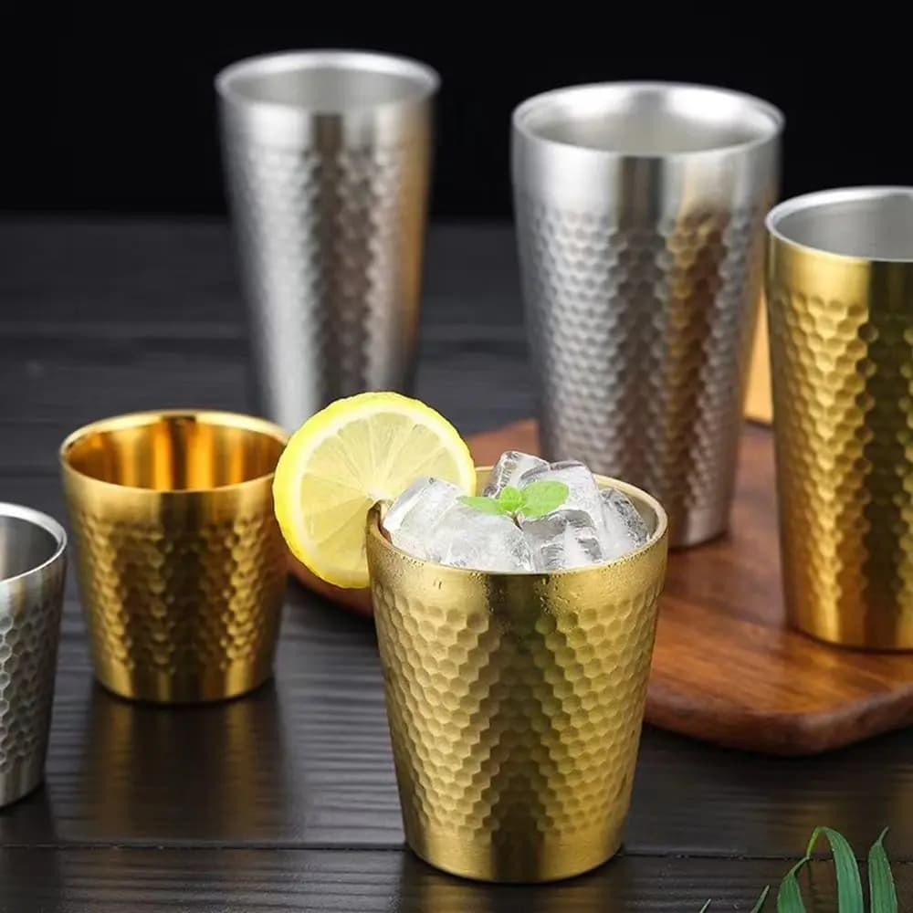 Tazze per Birra in Acciaio Inox a Doppia Parete, Mantengono Freddo, Antiscottatura, per Bevande Fredde, Texture Martellata Stile Nord Europa, Tazze per Latte
