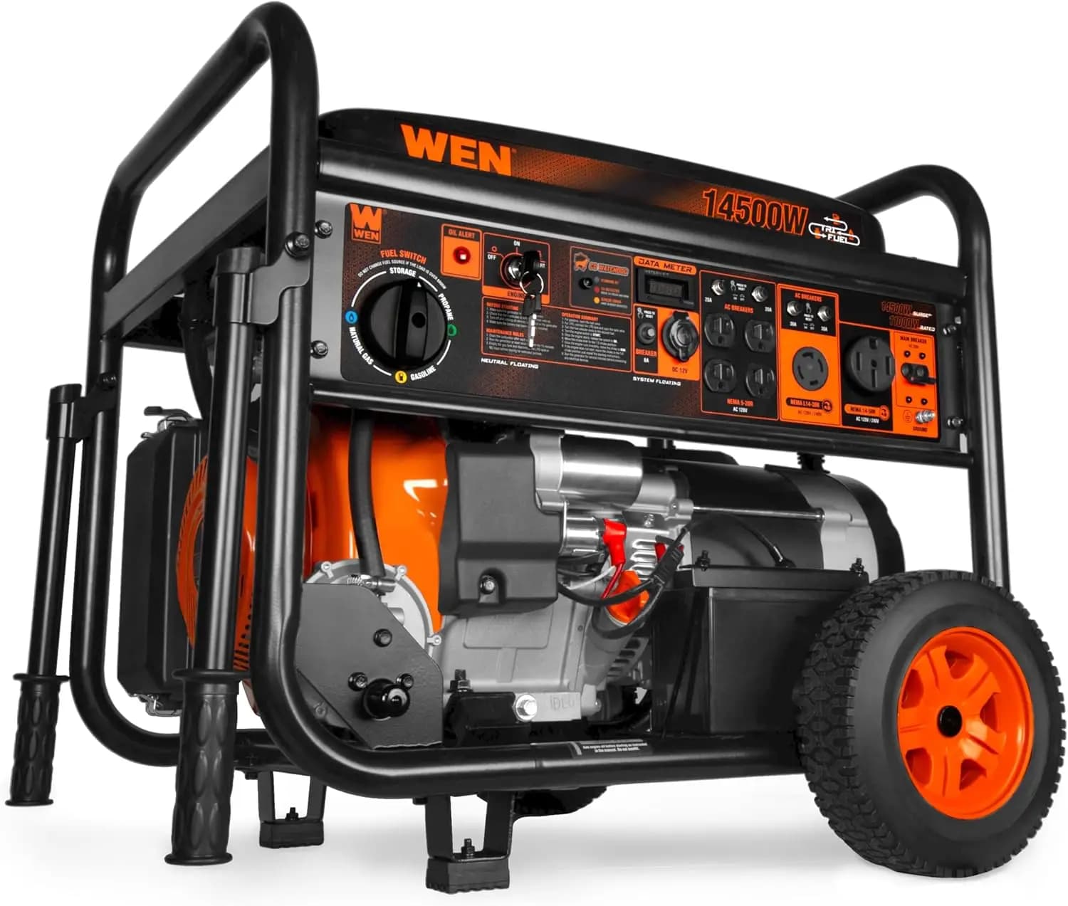 Generatore Tri-Fuel 14500W Avviamento elettrico con sensore CO, kit ruota, interruttore di trasferimento pronto per gas propano Gas naturale