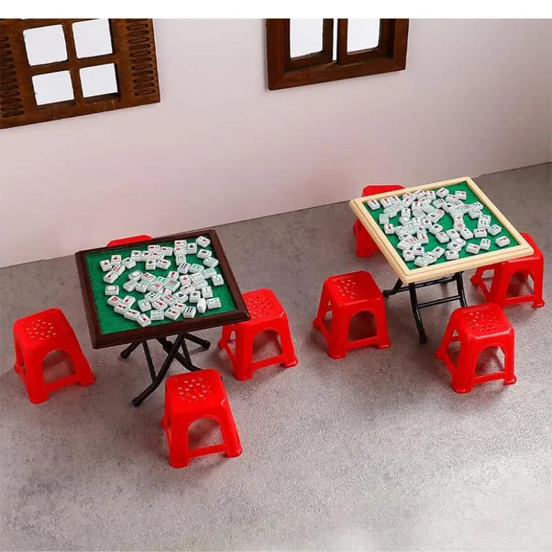 1 Set Tavolo Mahjong per casa delle bambole + Piastrelle Mahjong + 4 sedie rosse Decorazioni per la casa in miniatura Modello giocattolo Accessori per mobili per casa delle bambole-Giocattolo
