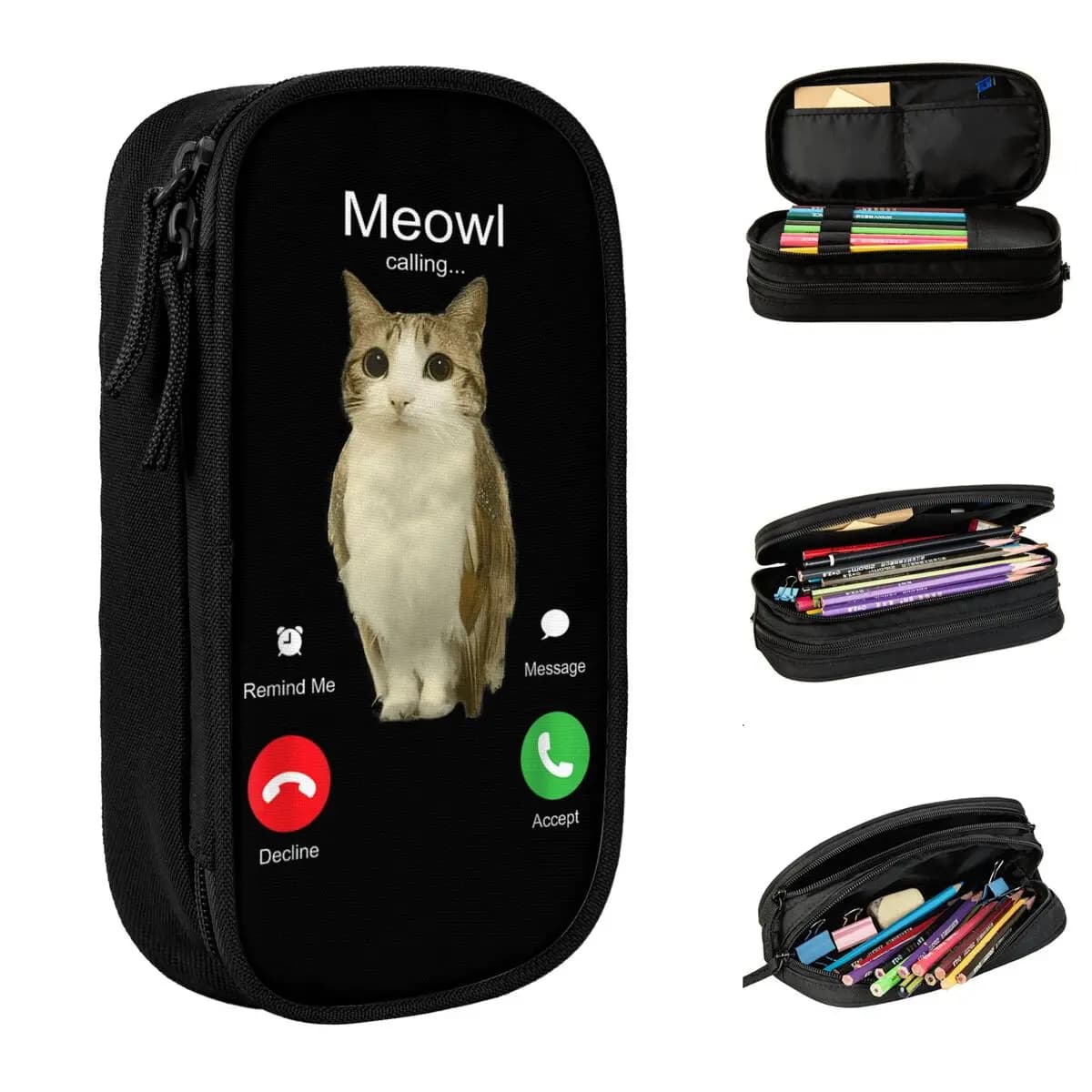 Fashion Is Calling Phone Call Meme Meowl Cat Owl Memes Pencil Case Pencilcases Pen Box for Student Big Capacity Bags Office Gift