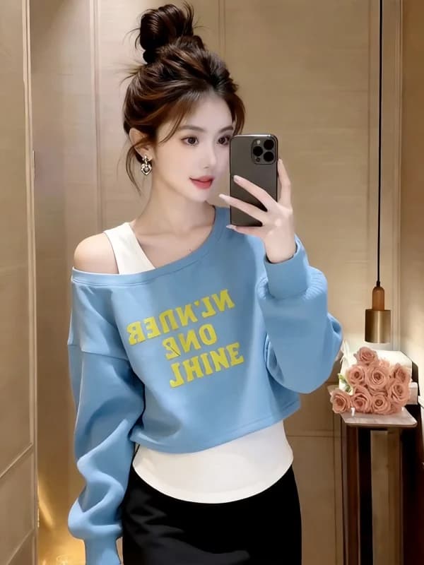 Light Blue Hoodie White Inner Spring New Asymmetrical Collar Casual Style Design Lettering Women's T-shirt Loose Fit Long Sleeve
