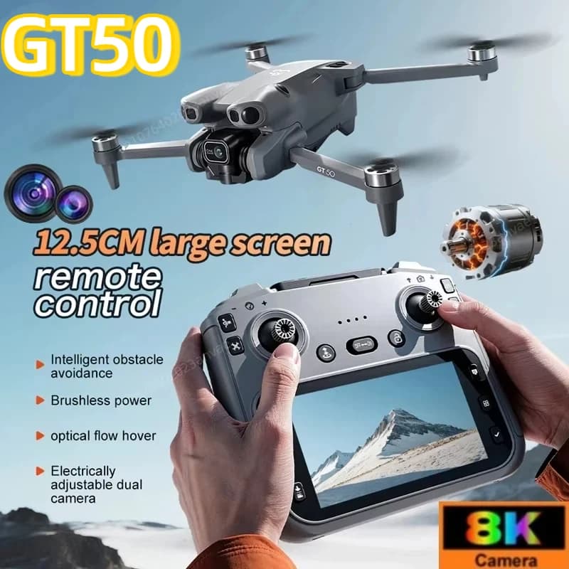 Drone RC GT50 con Fotocamera 8K HD, Aeromobile Telecomandato con Doppia Telecamera, WIFI, GPS e Sistema di Evitamento Ostacoli su Tre Lati