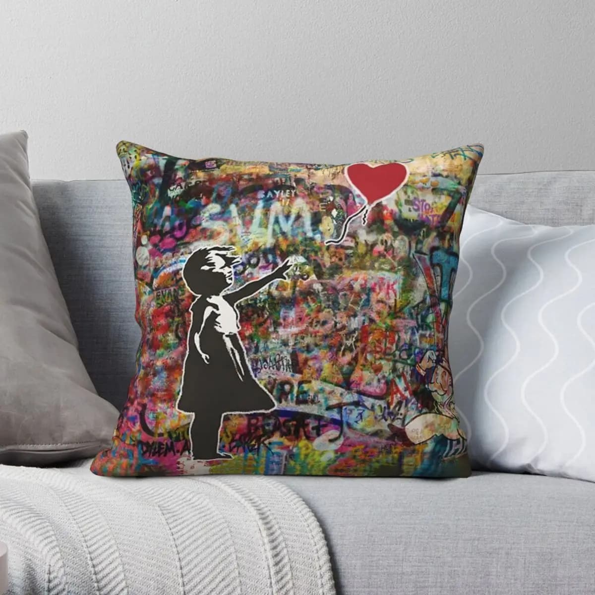 Banksy Girl con palloncino federa quadrata poliestere lino velluto stampato con cerniera federa decorativa fodera per cuscino per divano