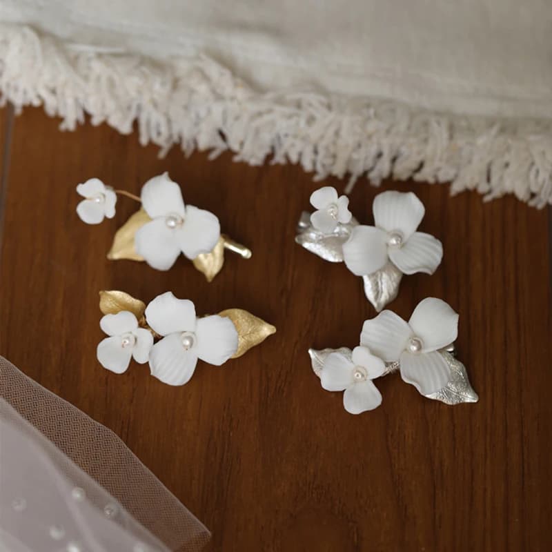 Bridal Hair Clasp Pins with Silver Gold Ceramic Flower, Handmade Women's Accessories for Wedding Ball Headdress