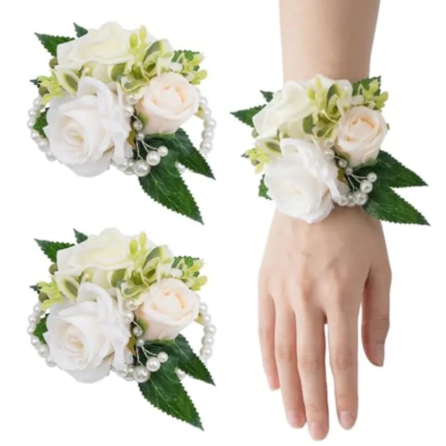 2 Pcs Prom Wrist Corsage Artificial Flowers Faux Pearl Bride Bridesmaid Bracelet for Prom Decor Wedding Anniversary Party Suit