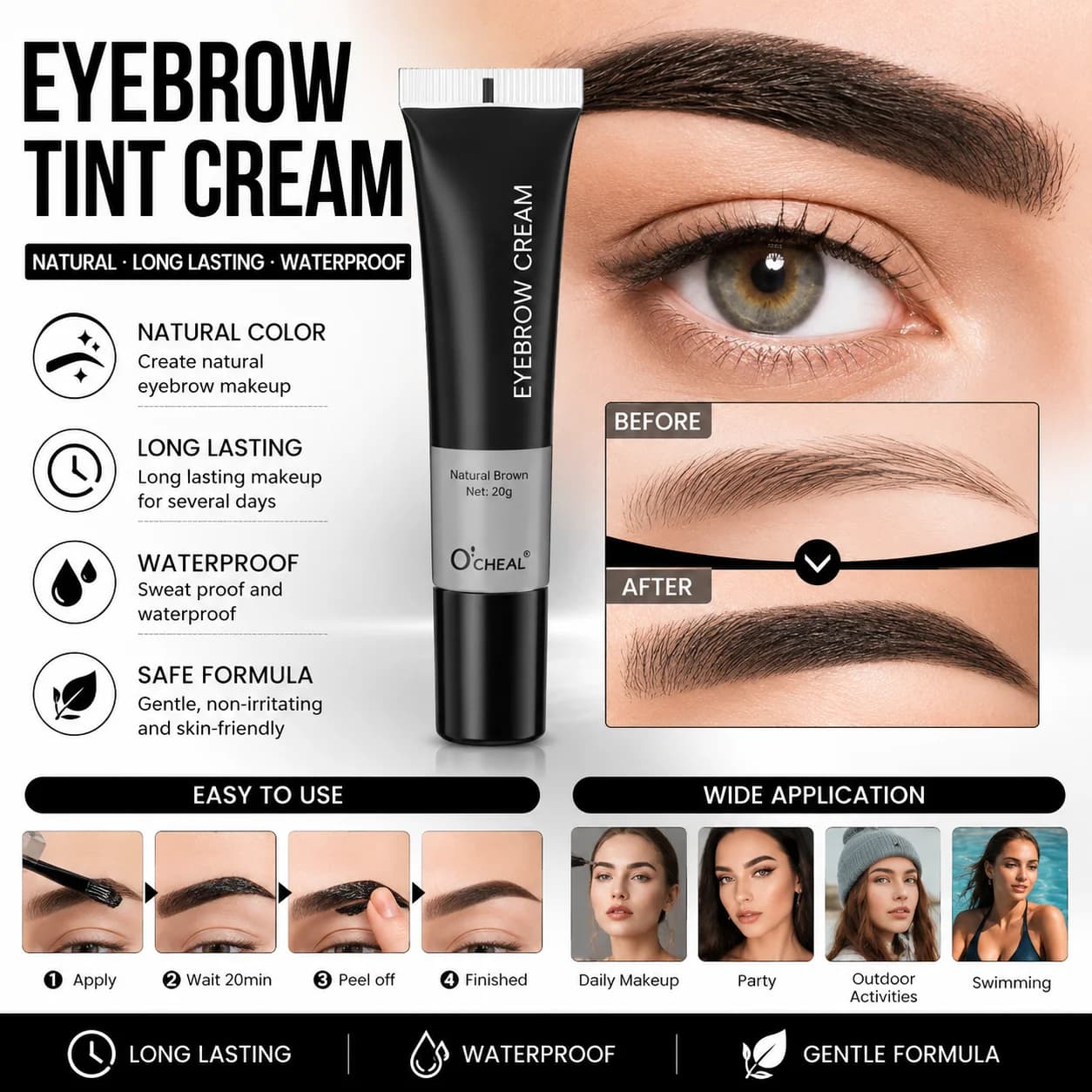 Waterproof Semi Permanent Eyebrow Tint Cream Long Lasting Peel Off Brow Dye Gel Sweatproof Makeup for Brows