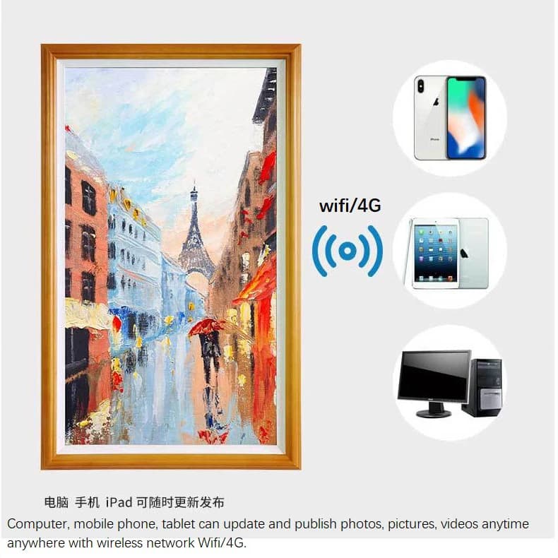 Wall 43 Inch Wooden Frame NFT Screen 4K Display for Video Photo Multimedia Loop Player Monitor with WIFI Network Android OS