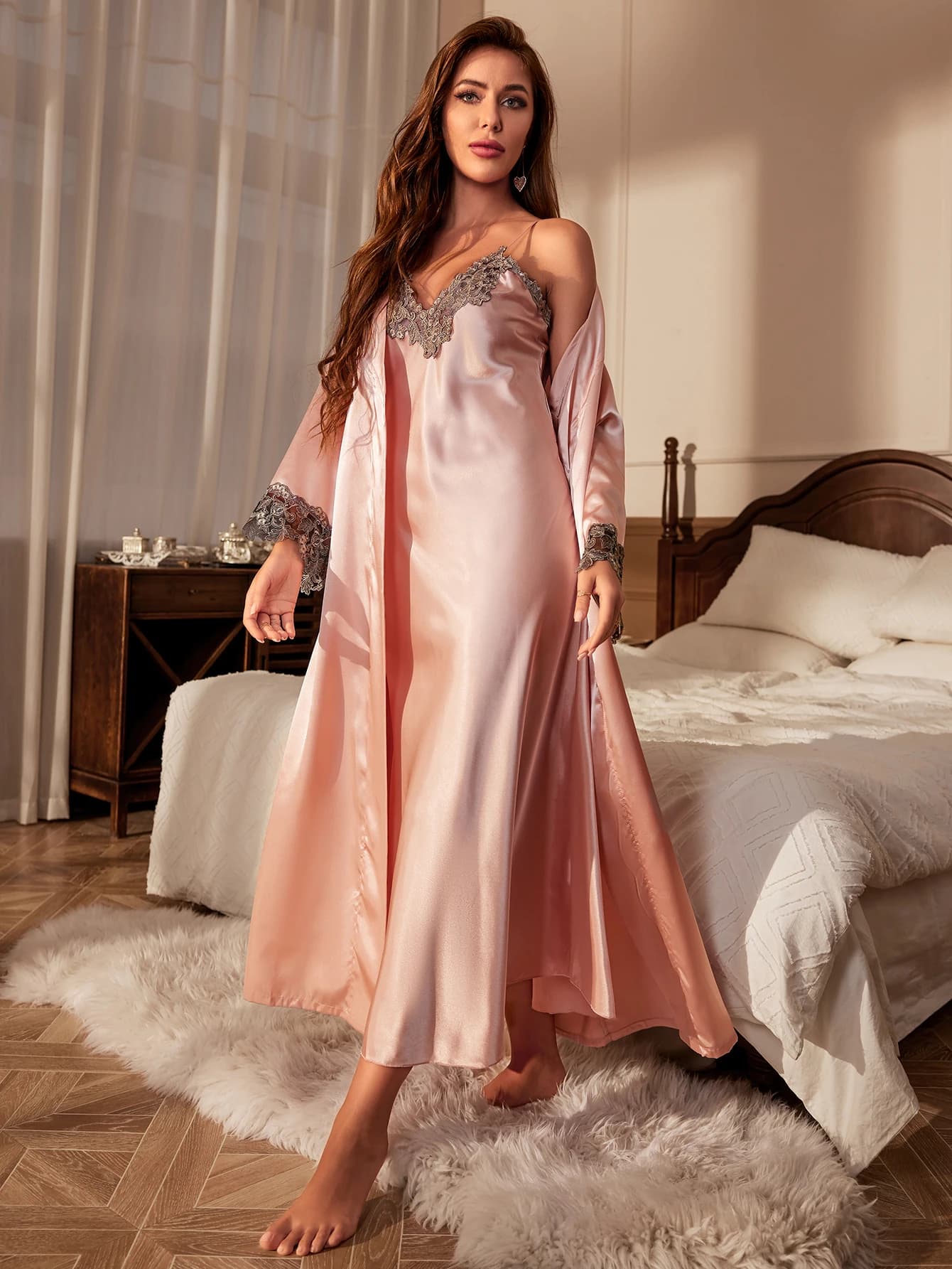 Contrast lace pajamas, long sleeve dress with belt, V neckline, women's nightdress