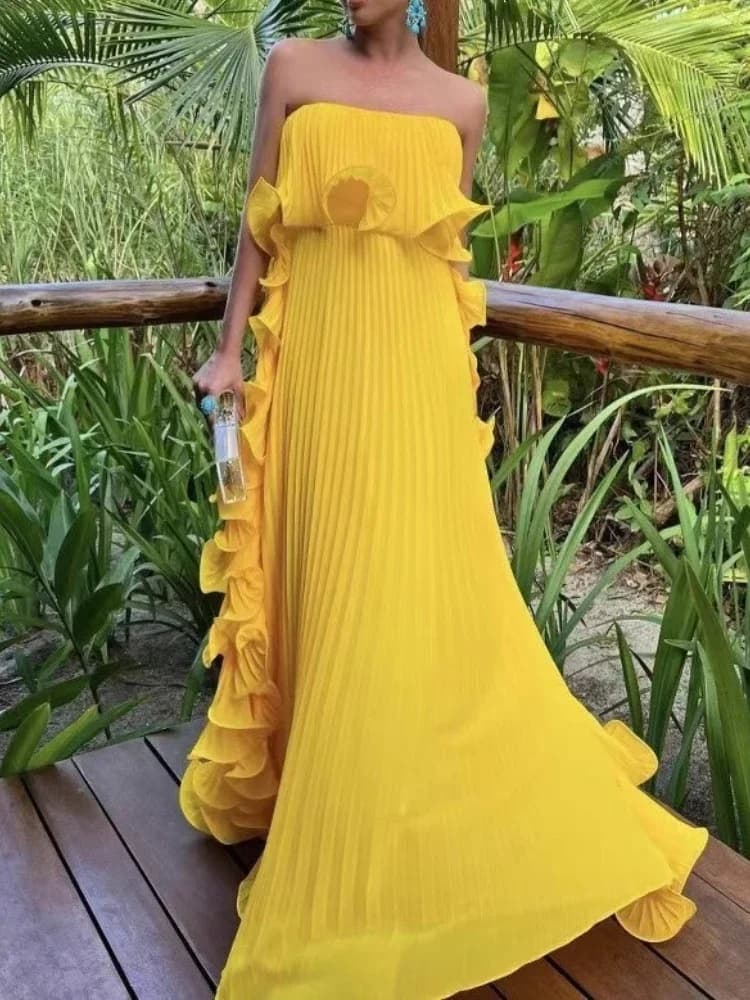 Abito Estivo Trendy da Donna per Vacanze, Vestito Lungo Formale in Chiffon Arancione Plissettato, Abito da Spiaggia Personalizzato con Volant Senza Spalline