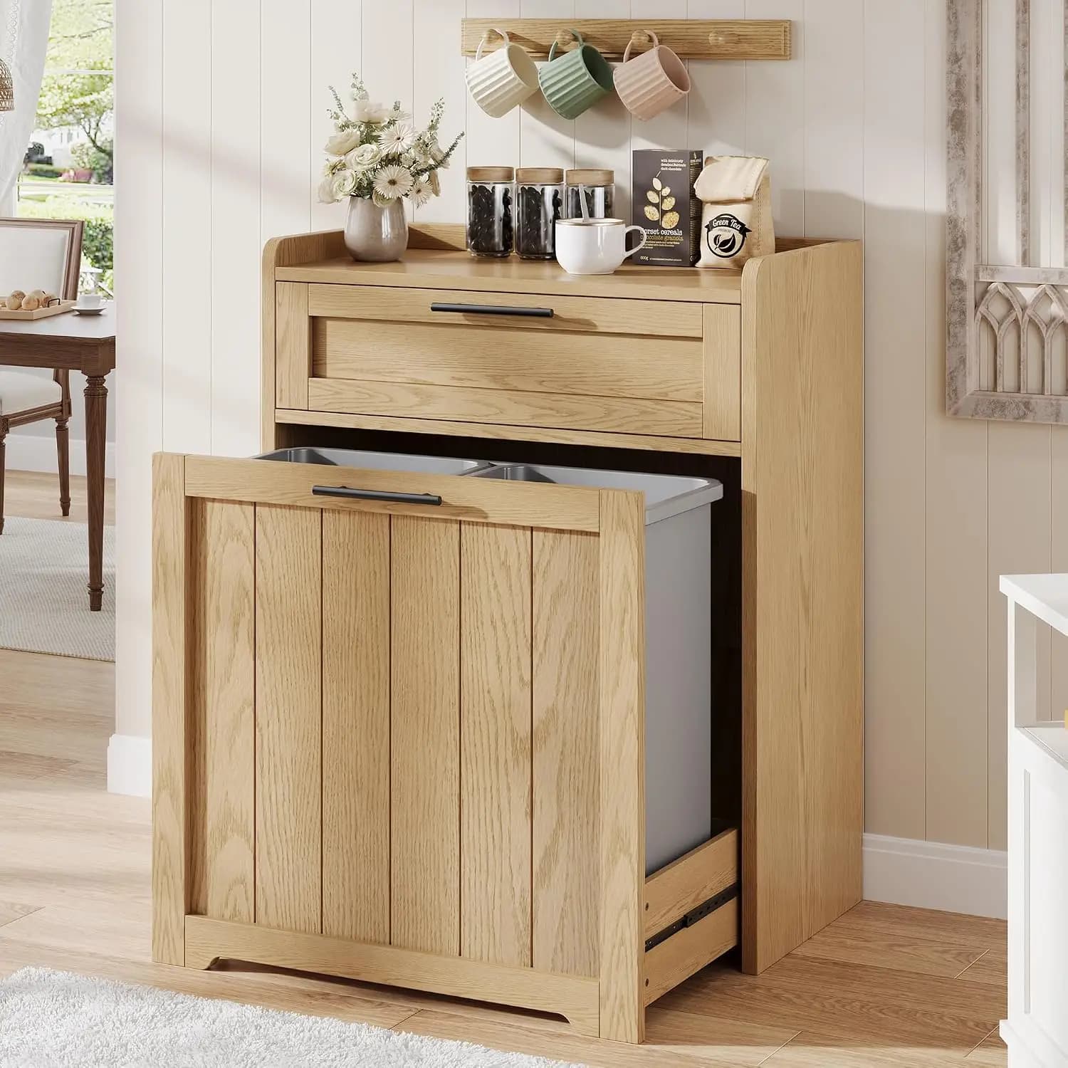 Pull Out Trash Can Cabinet, Double Hidden Garbage Recycling Bin Holder, Kitchen Laundry Storage Organizer With Drawer, Farmhouse Freestanding Pet Proof Design, Oak Finish, 1 Piece