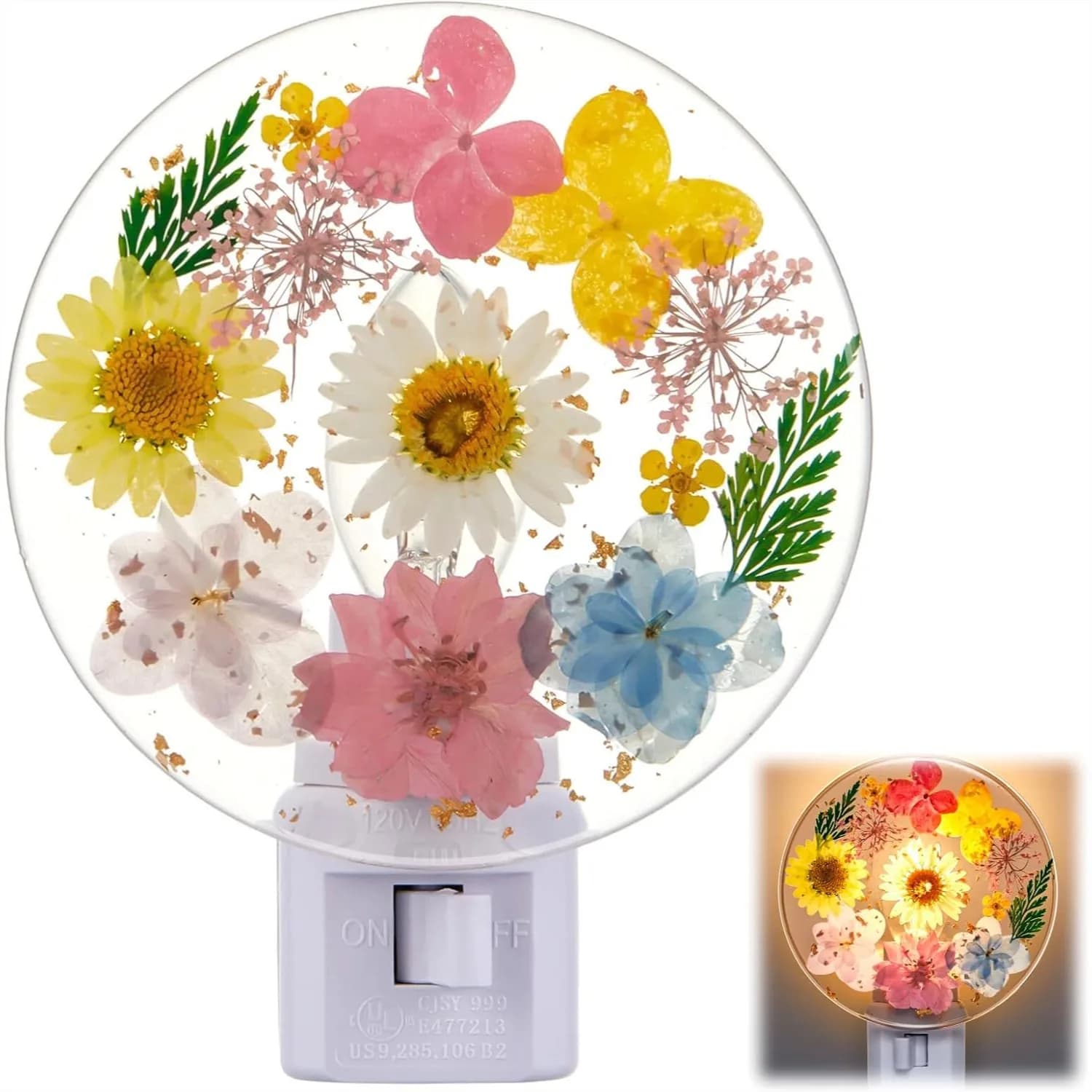 Luce Notturna con Fiori Pressati, Lampada da Parete Artigianale con Fiori Essiccati, Luce Soffusa per Corridoio, Camera da Letto, Cameretta, Bagno