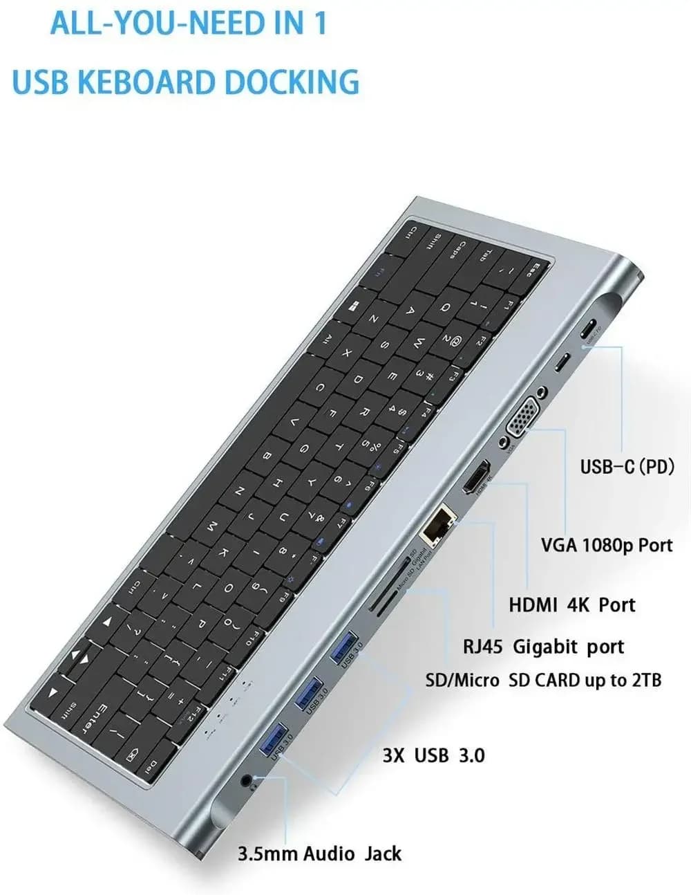 Per docking station per tastiera hub multifunzione USB-C 11-IN 1, docking station 11 in 1, tastiera portatile, tastiera esterna per tablet